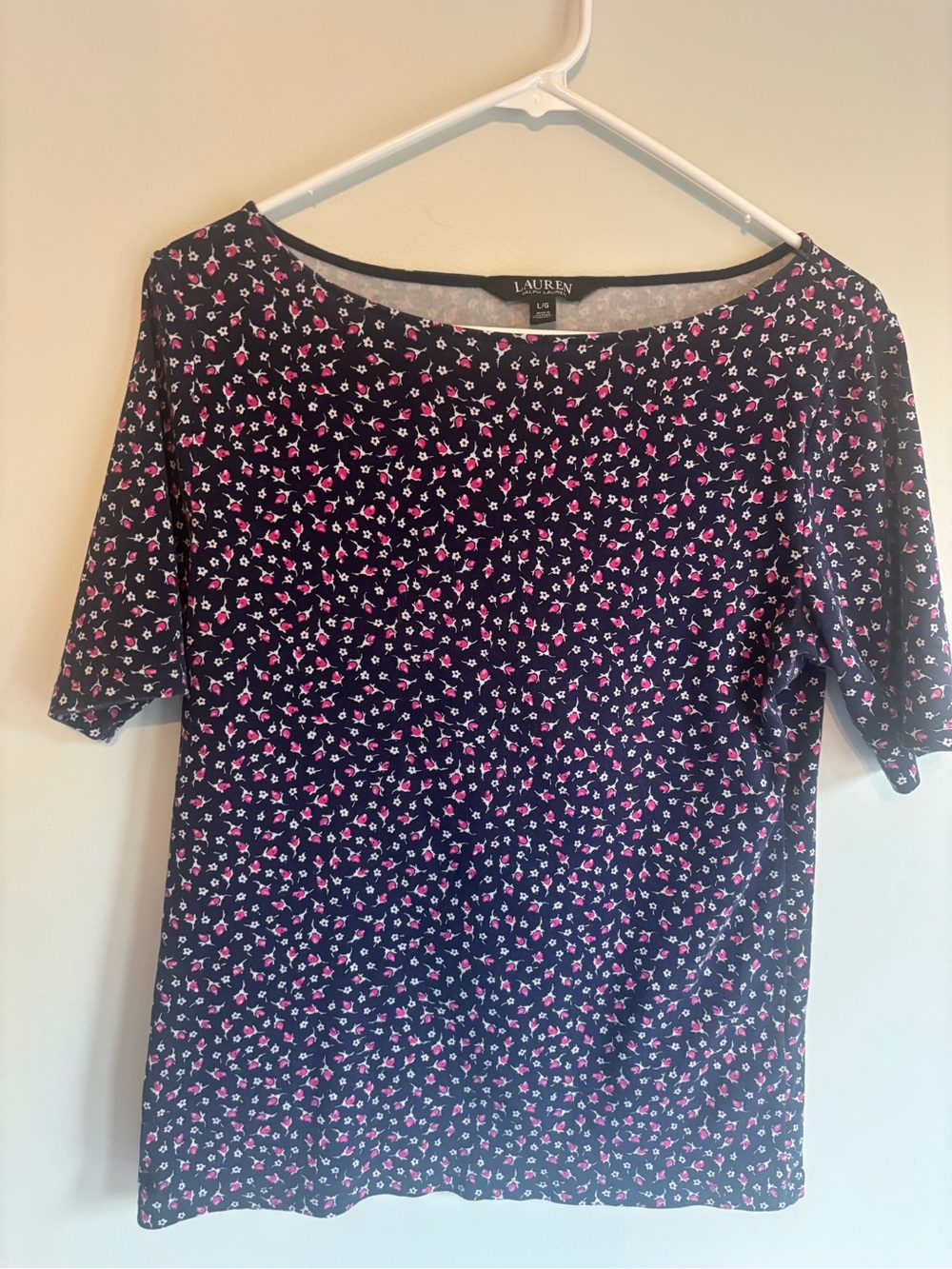 Lauren Ralph Lauren Black Short Sleeve Scoop Neck Top with Pink Micro Floral